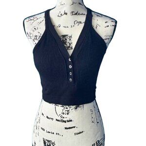 Kali Rose Black Cropped Padded Open Back Tank L/1X Ribbed